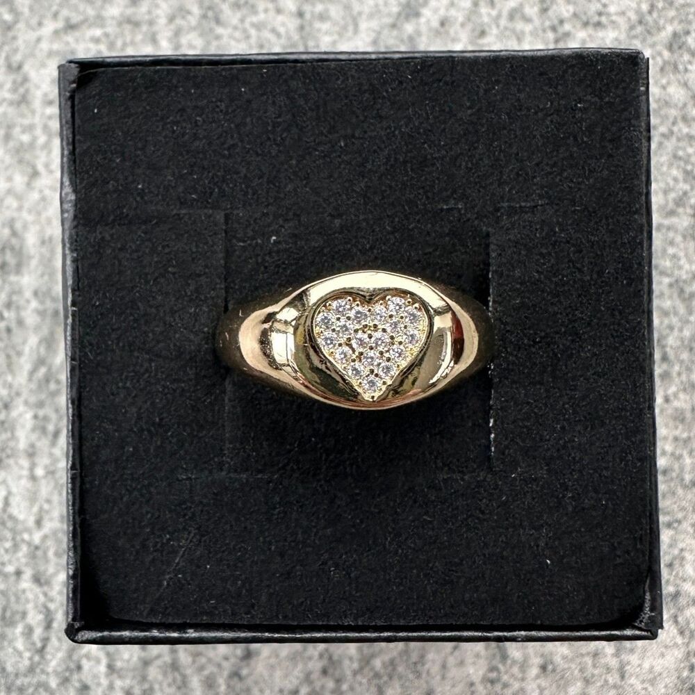 NWB Yellow Gold Plated Heart Ring Sparkling CZ Stones Signet Ring Size 8.25